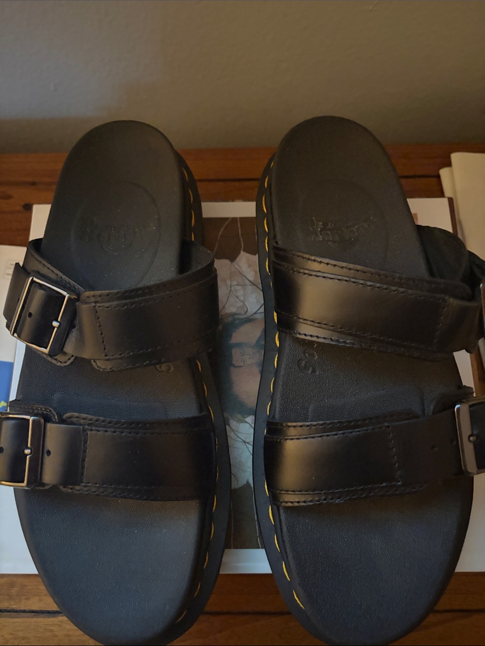 Black Chunky Double-Strap Sandals with Yellow Stitching - Picture 4 of 5